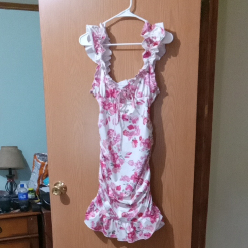 Floral Ruffle Dress - Pink and White